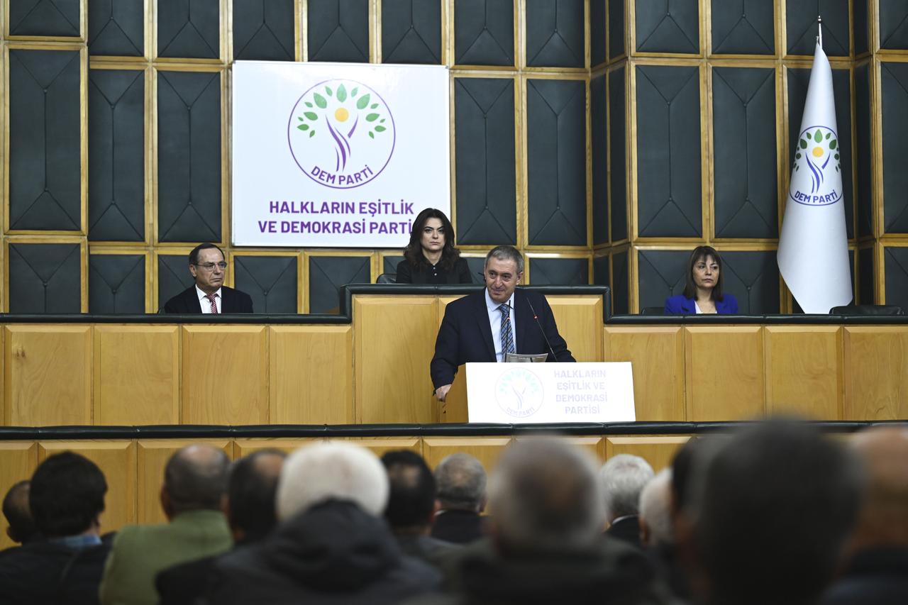 DEM Party Co-Chair Tuncer Bakirhan attended and spoke at his party's parliamentary group meeting in Ankara, Türkiye, Jan. 13, 2026. (AA Photo)