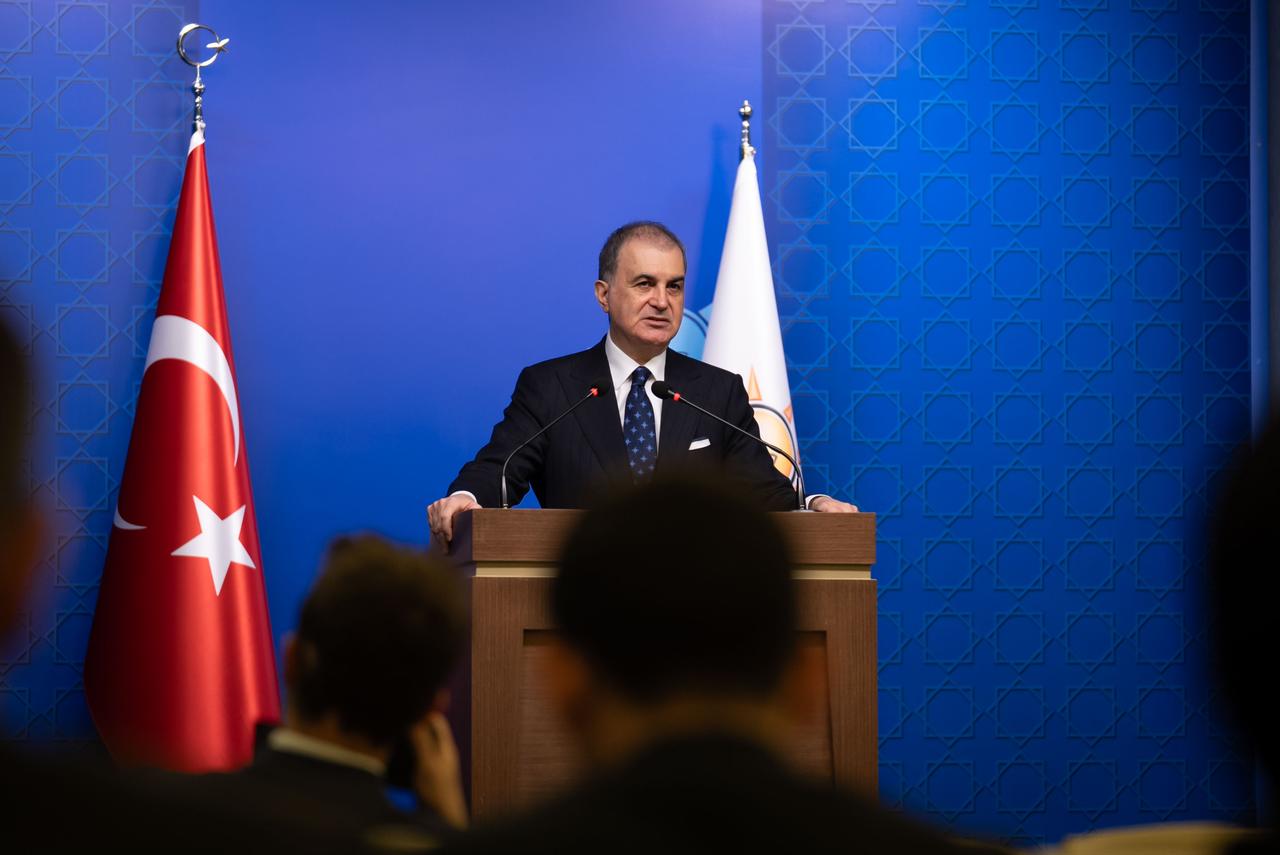 AK Party Deputy Chairman and Party Spokesperson Omer Celik speaking at the party headquarters in Ankara, Türkiye, January 12, 2026. (AA Photo)