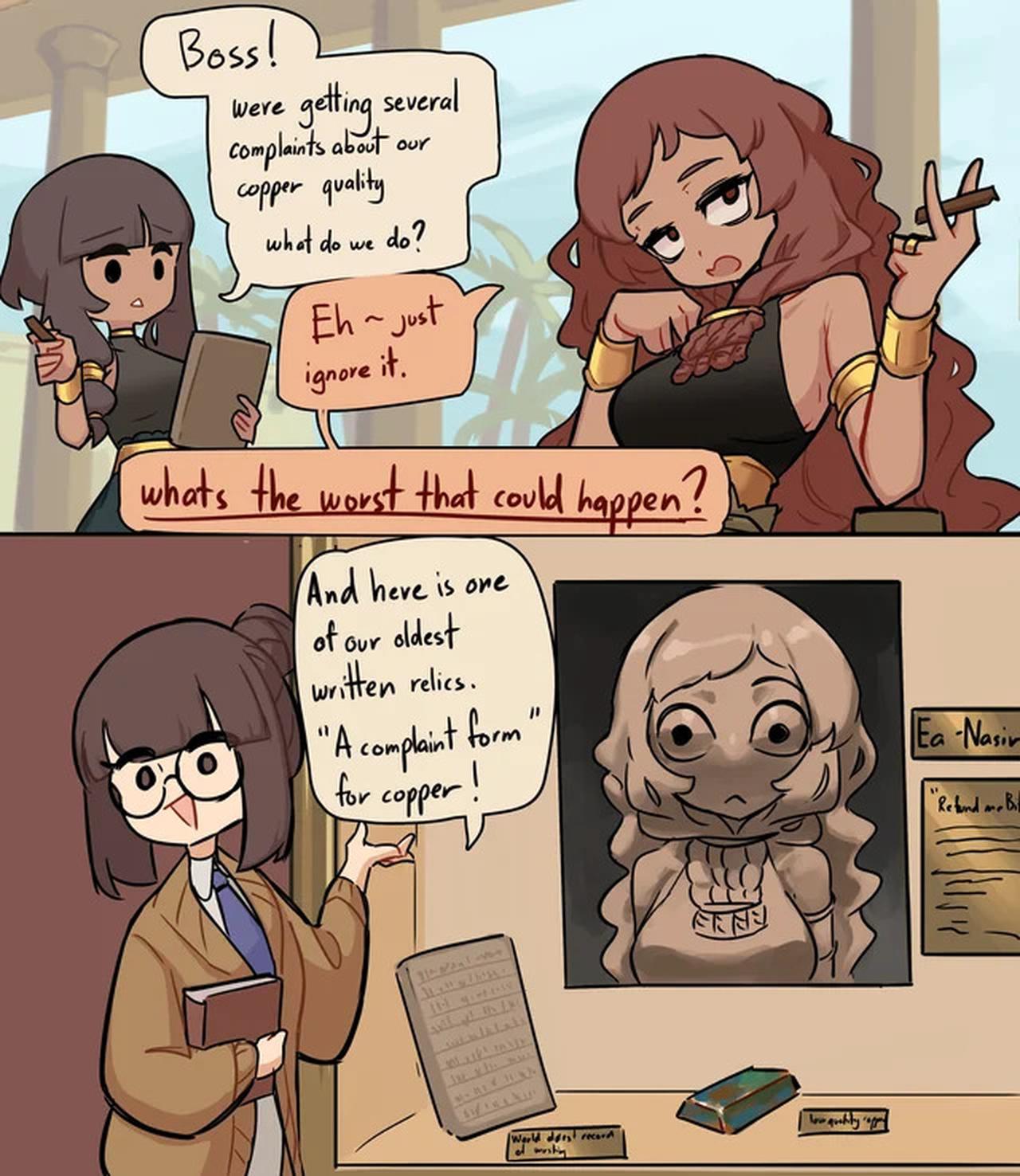 A popular internet meme humorously reimagining the ancient complaint against Ea-nasir, linking Bronze Age copper disputes with modern workplace satire. (Photo via Reddit)