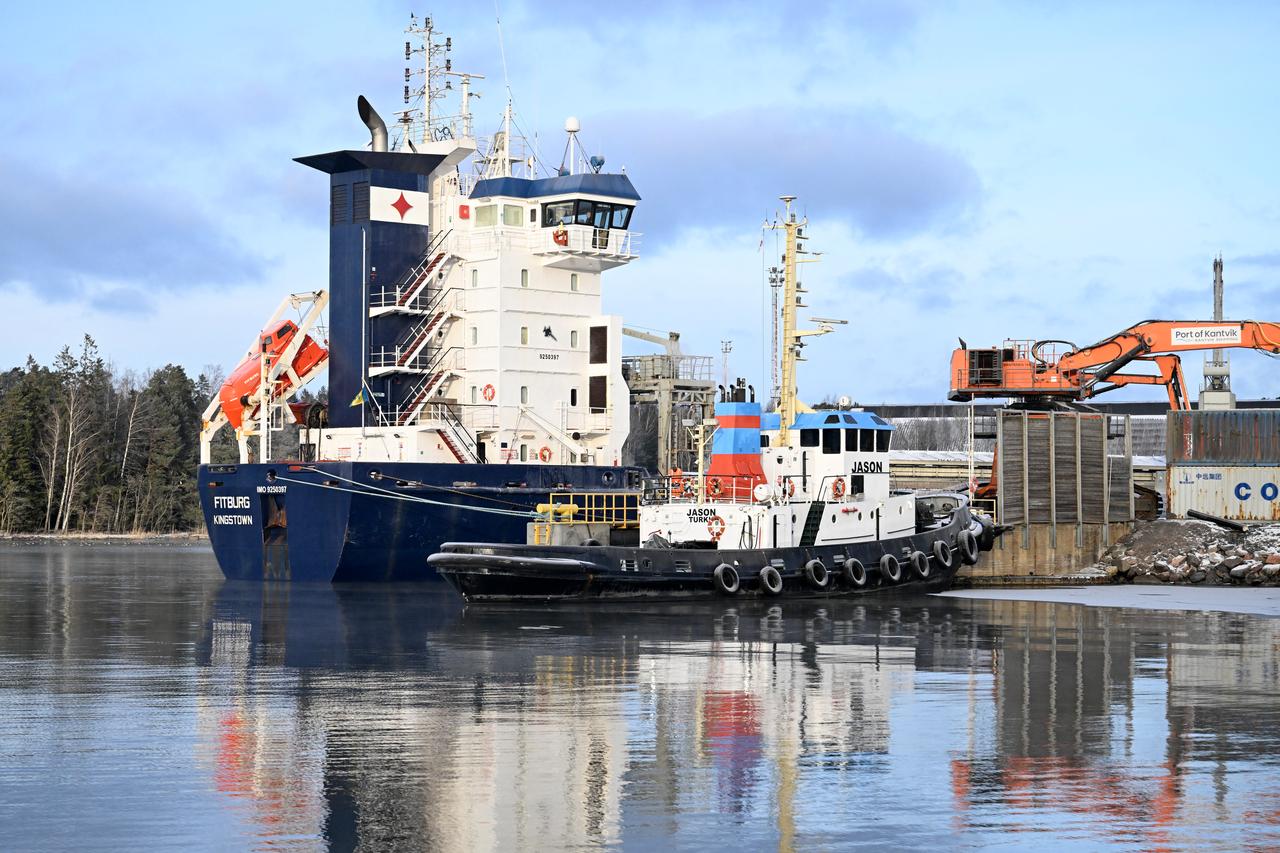 The seized vessel Fitburg is moored at the harbour in Kirkkonummi, Finland, on January 1, 2026. (AFP Photo)
