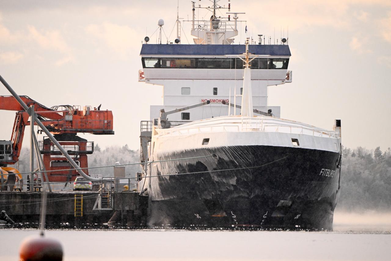 The seized vessel Fitburg is moored at the harbour in Kirkkonummi, Finland, on January 1, 2026. (AFP Photo)