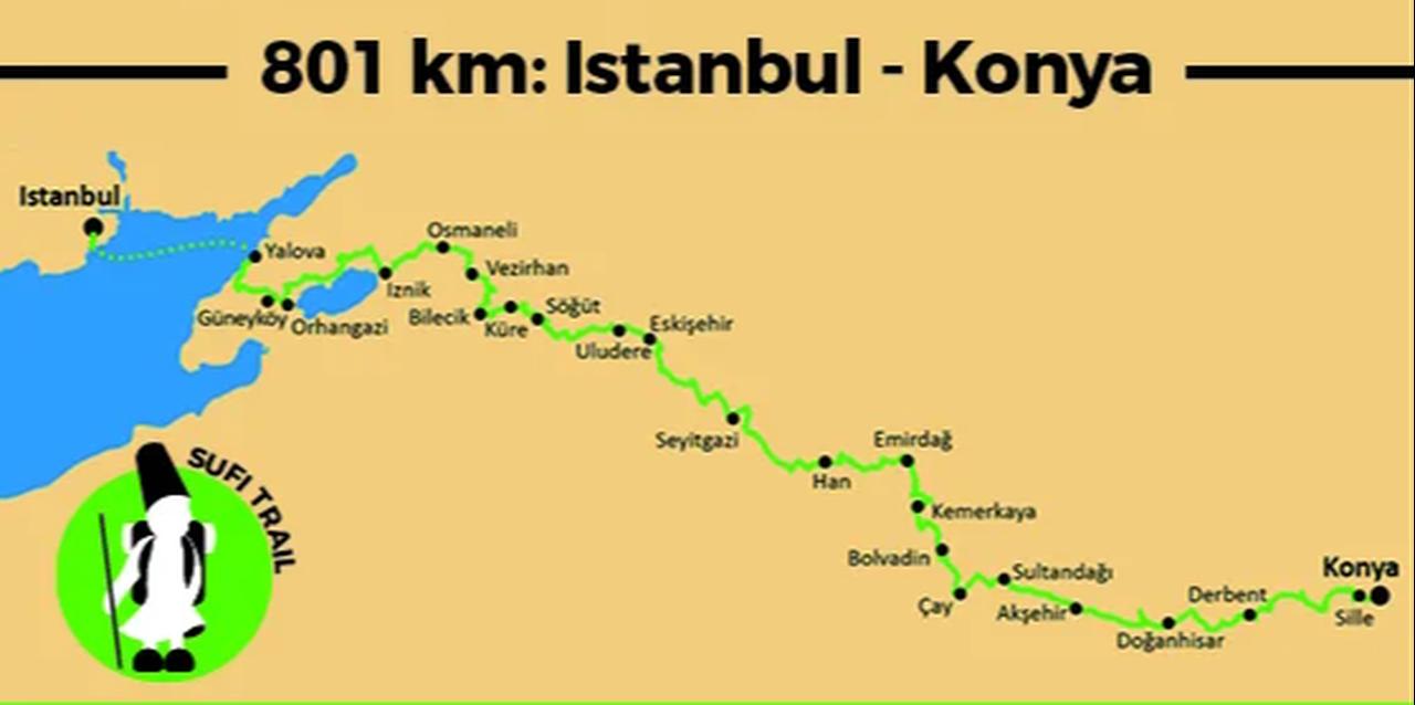 An illustrated map shows the Sufi Trail route, a long-distance journey of 801 km (498 miles) from Istanbul to Konya, following ancient Ottoman pilgrimage roads through western Türkiye and highlighting key towns along the route. (Photo via sufitrail.com)