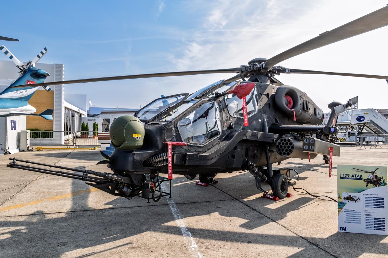 Turkish Aerospace Industries (TAI) T129 ATAK attack helicopter based on the Agusta A129 Mangusta platform at the Paris Air Show, France, Jun. 22, 2017. (Adobe Stock Photo)