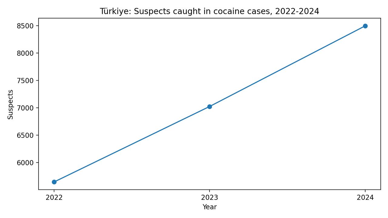 The number of suspects caught in cocaine-related cases rose sharply from 2022 to 2024, underlining a growing enforcement focus on cocaine use and distribution as the drug became more visible across different social groups in Türkiye. (Graphic created by the Türkiye Today team)