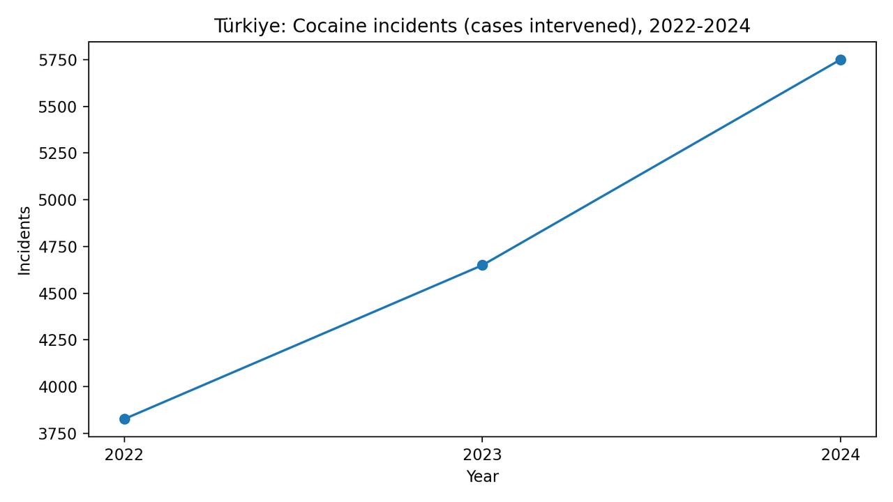Official data shows a consistent rise in police interventions in cocaine-related incidents from 2022 to 2024, pointing to a sustained increase in cocaine use and associated offenses in Türkiye during the post-pandemic period. (Graphic created by the Türkiye Today team)