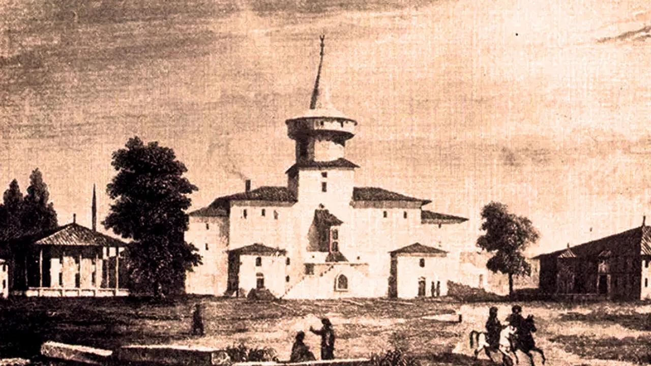 A 19th-century engraving depicting the Old Palace of the Ottoman sultan in Edirne, known as Eski Saray, illustrating the scale and layout of the vanished palace complex. (Photo via Türkiye daily)