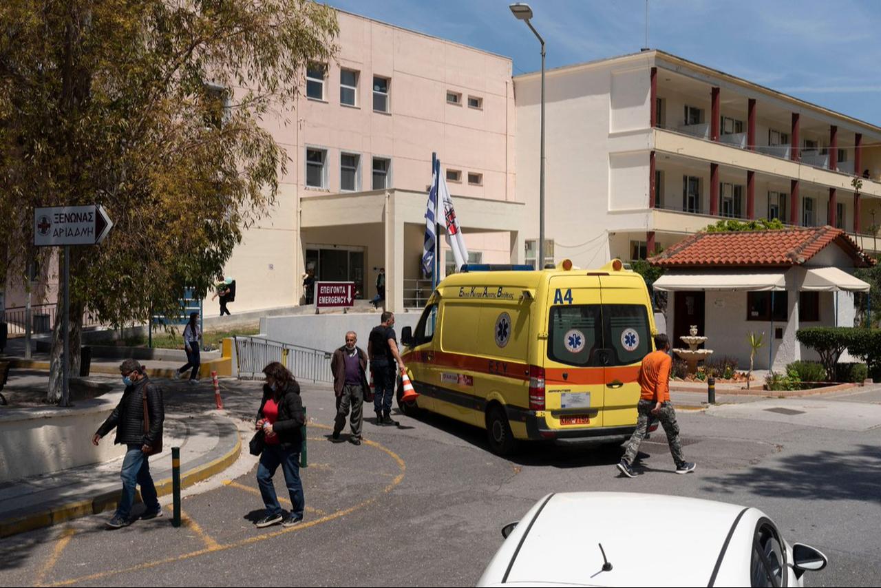 Greek emergency ambulance arriving at a hospital security gate in Herakalion, Crete, Greece, 2023. (AFP Photo)