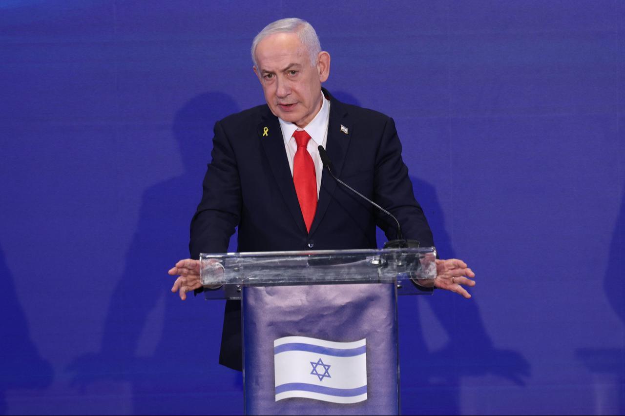 Israeli Prime Minister Benjamin Netanyahu speaks during a joint press conference after a trilateral meeting in Jerusalem, Israel on Dec. 22, 2025. (AFP Photo)