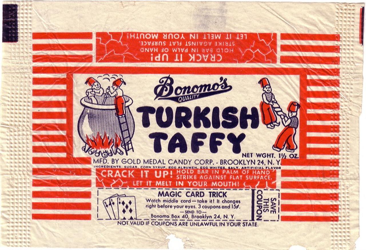 A Bonomo’s Turkish Taffy wrapper from the 1960s, featuring the brand’s signature red striped design and the “Crack it up” eating instructions, Unites States. (Courtesy of Candy Wrapper Archive)