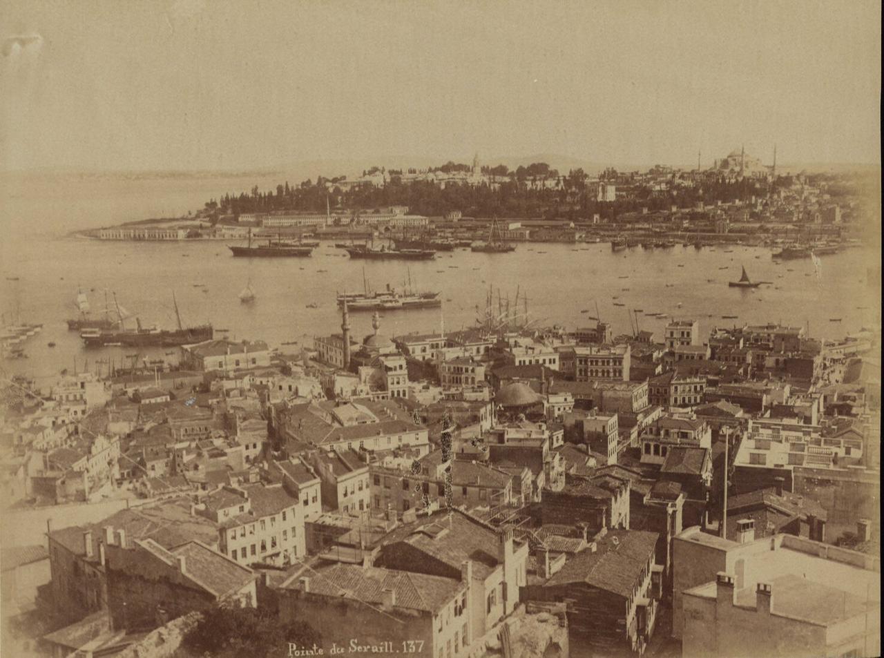 A historic photograph from Galata Tower capturing Sarayburnu, the Marmara Sea, and the densely packed urban area, featuring Ottoman architecture, Istanbul, Türkiye, 1890. (Photo via Eski Istanbul)
