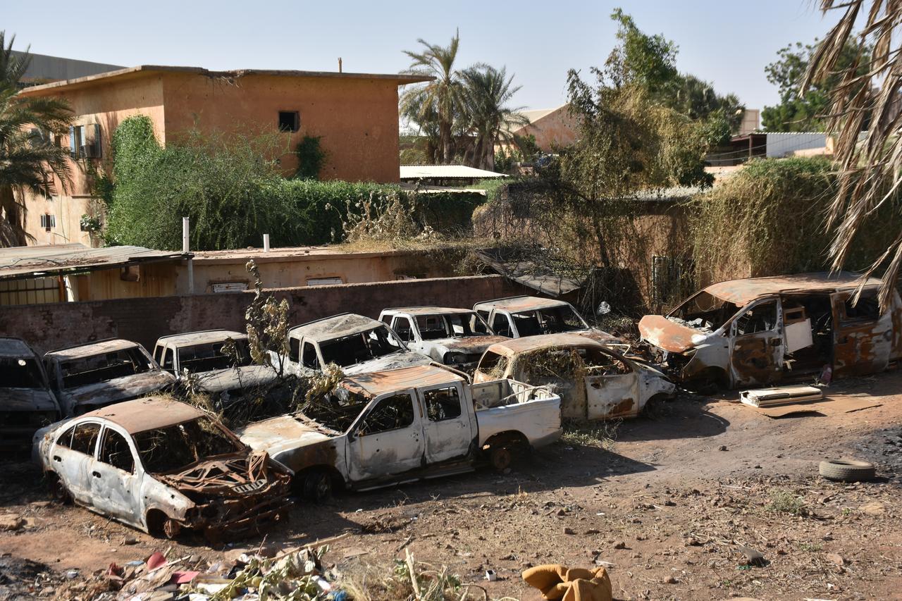 A view of vehicles bearing burn marks and bullet holes were reduced to scrap and rendered unusable around the Sudan National Radio and Television Corporation in Khartoum, Sudan on January 14, 2026. (AA Photo)