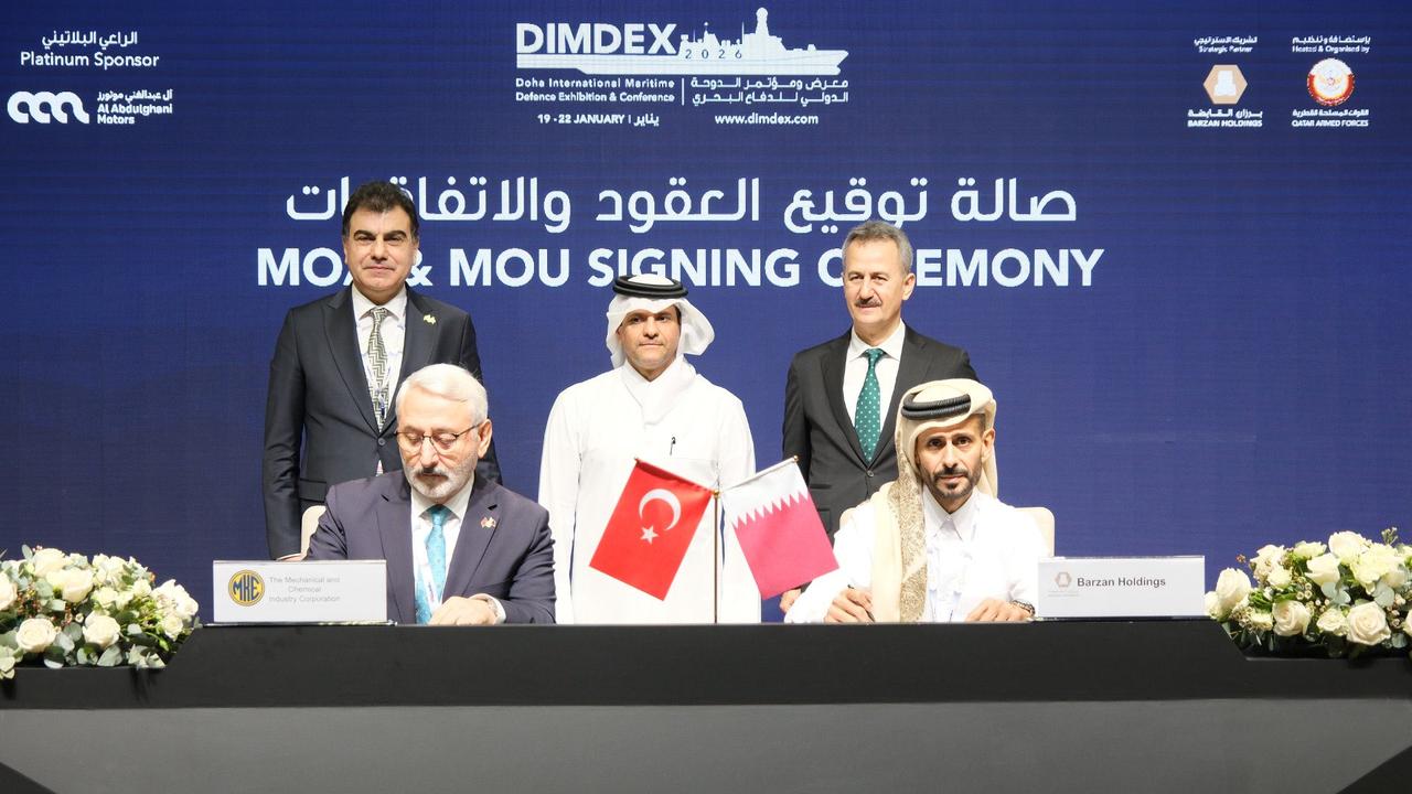 Turkish and Qatari officials at the signing ceremony of a joint venture agreement for defense industry cooperation at DIMDEX Defense Industry Exhibition in Doha, Qatar, Jan. 19, 2026. (Photo: X/@MKEgovtr)