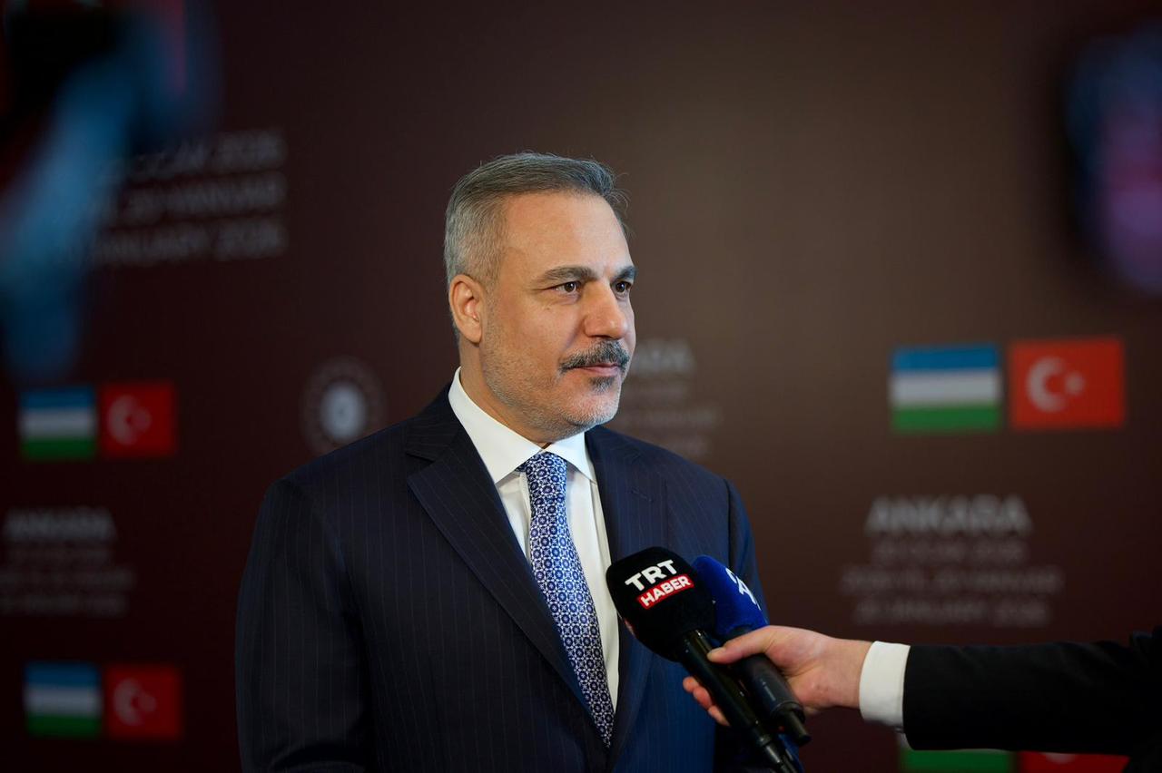 Foreign Minister Hakan Fidan speaking to reporters on the occasion of the Türkiye-Uzbekistan 4+4 Mechanism Meeting held in Ankara, Jan. 20, 2026. (AA Photo)