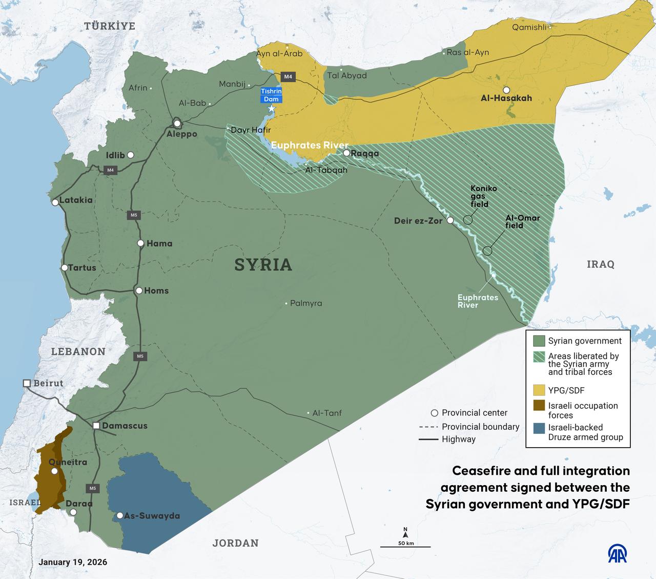 An infographic titled "Ceasefire and full integration agreement signed between the Syrian government and YPG/SDF" created in Ankara, Türkiye on Jan. 19, 2026. (AA Graphics)