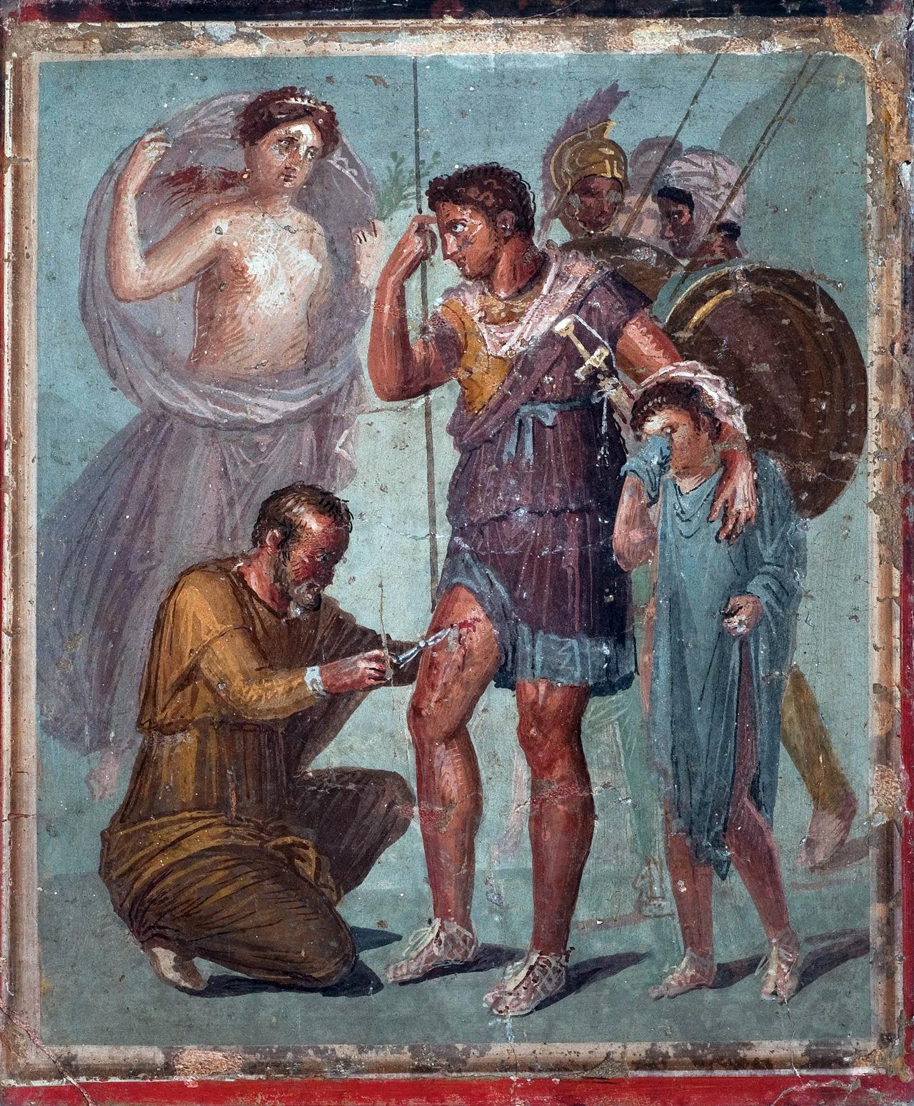 1st-century AD fresco from Pompeii (now in the National Archaeological Museum of Naples) depicting the healer Iapyx removing an arrowhead from the wounded Aeneas. (Image via Wikimedia)