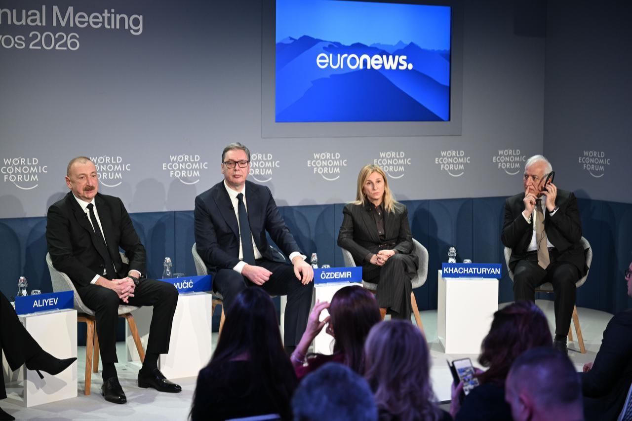 Azerbaijani President Ilham Aliyev (L), Serbian President Aleksandar Vucic (2nd L) and Armenian President Vahagn Khachaturyan (R) attend the World Economic Forum (WEF) Annual Meeting in Davos, Switzerland, Jan. 20, 2026. (AA Photo)