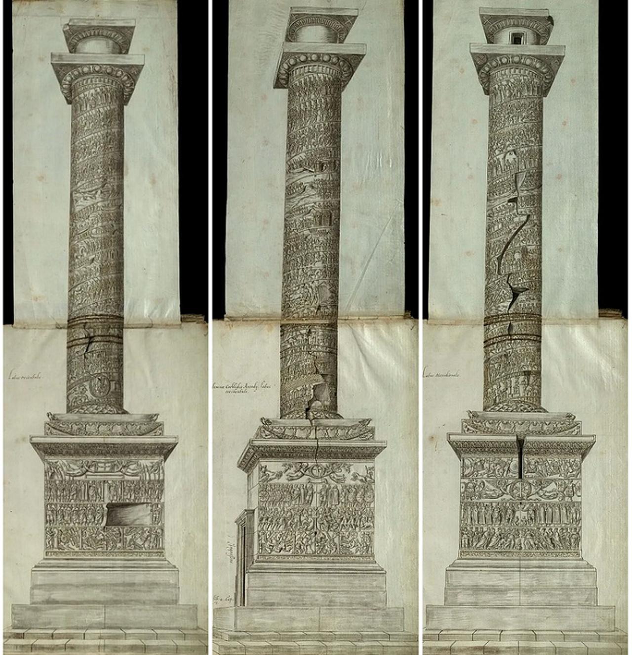 Historic drawings of the Column of Arcadius, showing the full height of the monument and its spiralling reliefs before their destruction, based on 16th-century documentation preserved in the Freshfield Album. (Image via Wikimedia)