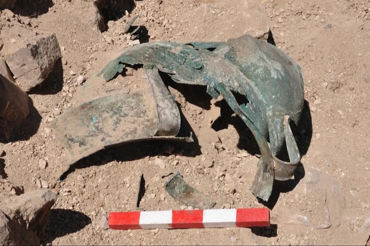 Fragmented bronze situla uncovered during salvage excavations at the Karaagac Tumulus, a high-status Phrygian burial dated to the late eighth century BC. (Photo via Bilecik Museum)