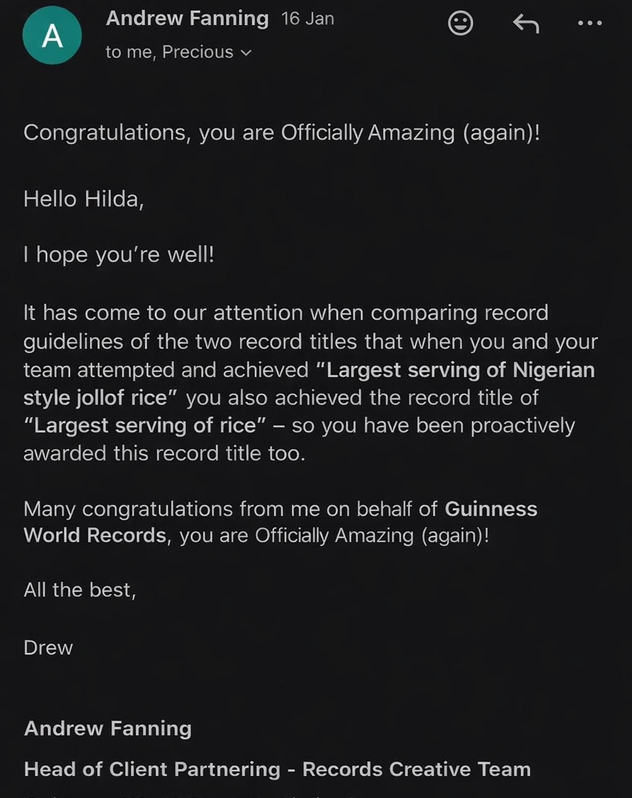 A screenshot of the email from Guinness World Records confirming Hilda Baci’s additional record for the largest serving of rice, January 20, 2026. (Image via Instagram / @hildabaci)