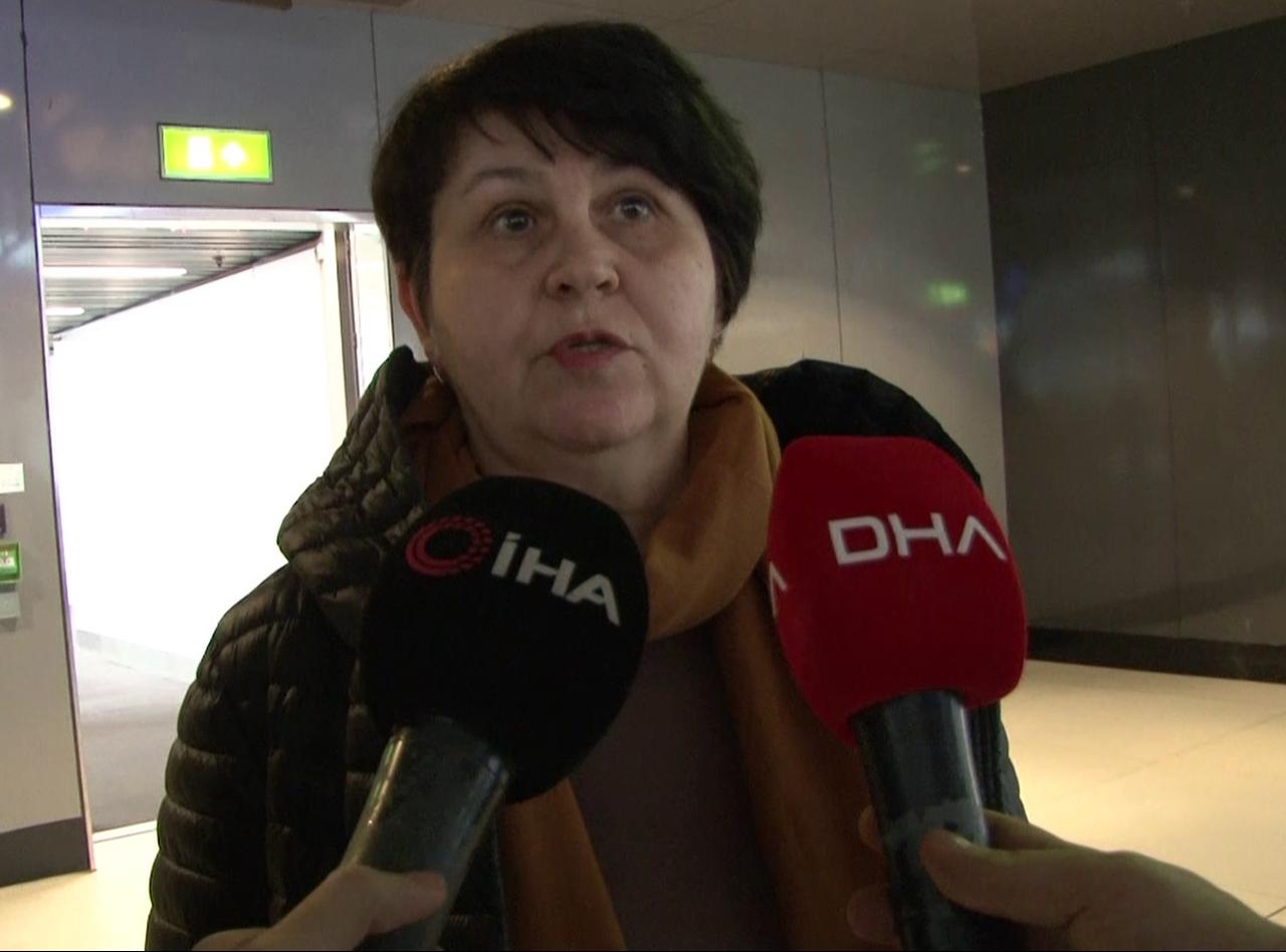 Galina Svechnikov, the mother of Russian swimmer Nikolai Svechnikov, speaks to reporters at Istanbul Airport after arriving from Russia to provide a DNA sample as part of the identification process. (IHA Photo)