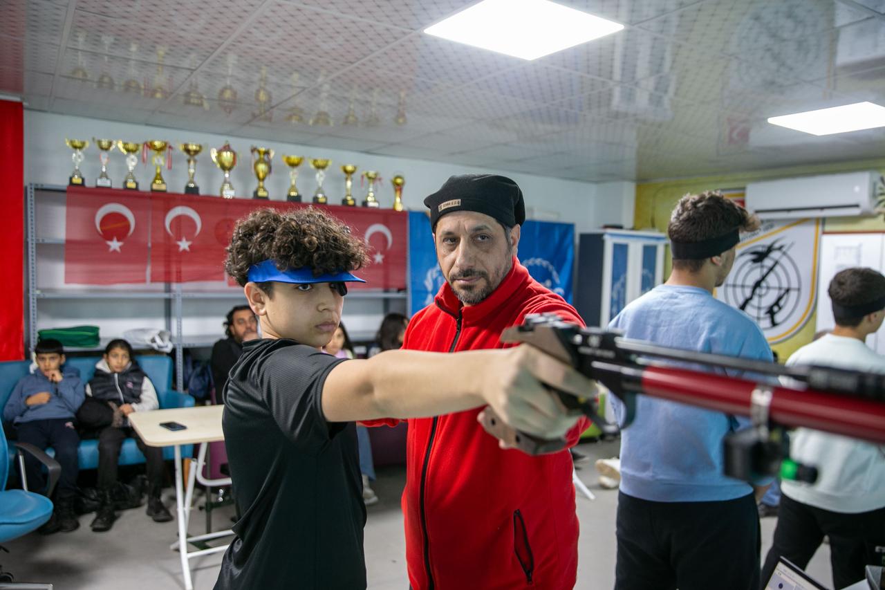 Coach Hidayet Kahraman supervises Mehmet Ali Kaya during a training session, offering close guidance as the young athlete prepares for national and international competitions. (AA Photo)