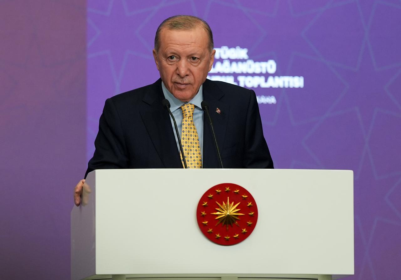 Turkish President Recep Tayyip Erdogan delivers a speech during the 7th Extraordinary General Assembly of the Turkiye Entrepreneur Businesspeople Confederation held at the JW Marriott Hotel in Ankara, Türkiye on Jan. 22, 2026. (AA Photo)