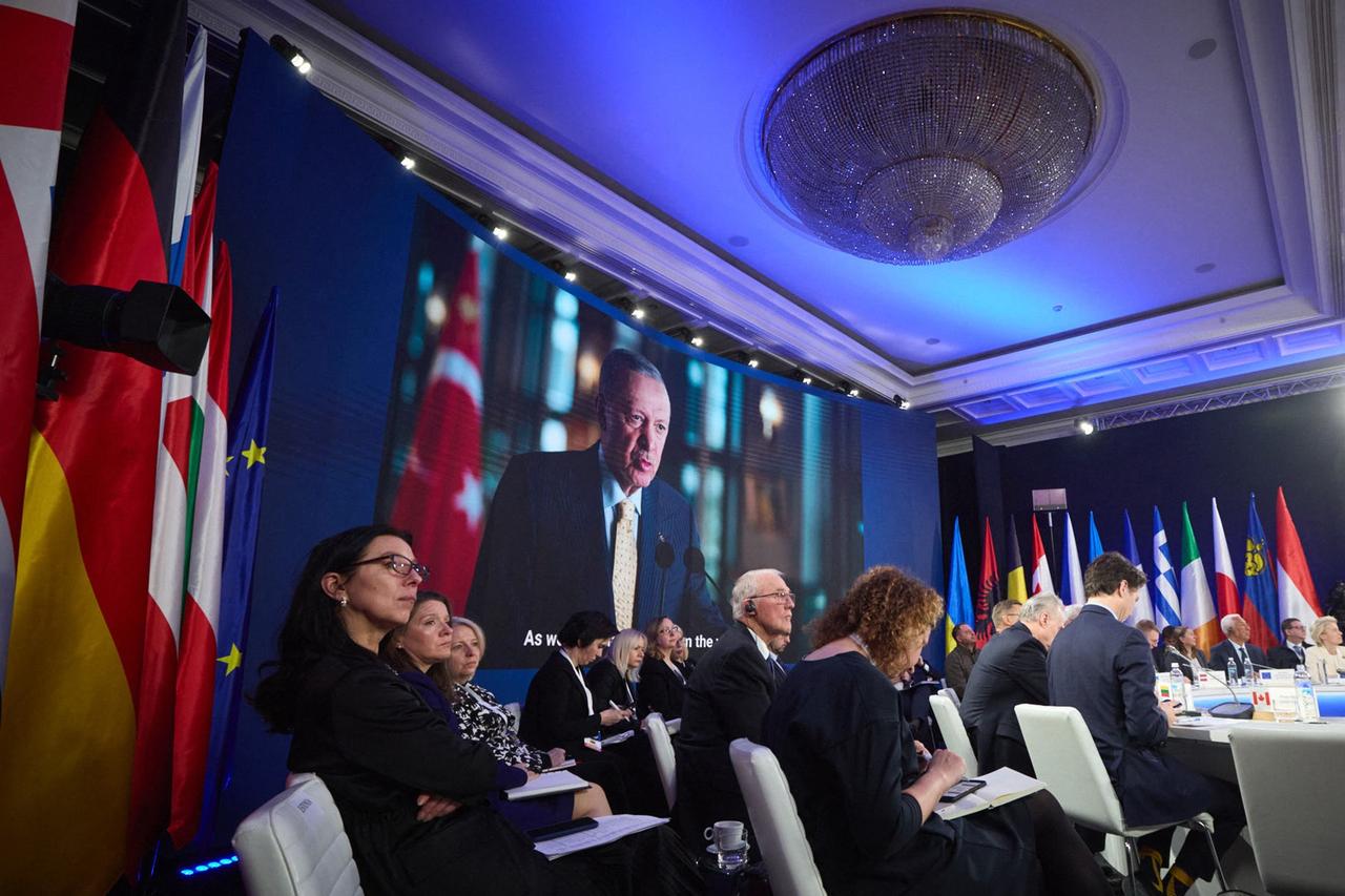 Ukraine's President Volodymyr Zelenskyy with European leaders and Canada's prime minister Justin Trudeau (front R) listen to President Recep Tayyip Erdogan delivering a speech during a meeting in Kyiv, Ukraine on February 24, 2025. (AFP Photo)