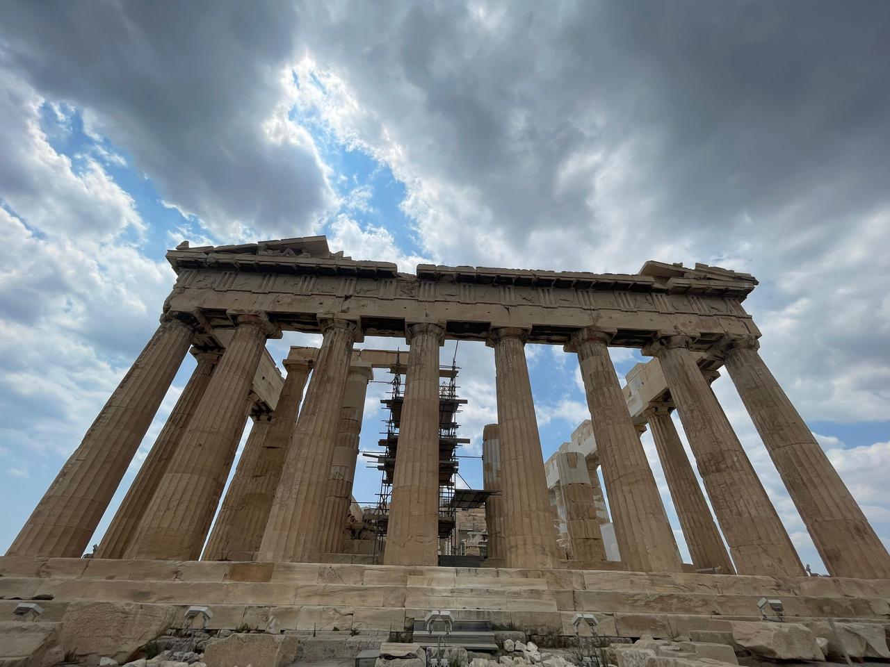 The Parthenon on the Acropolis of Athens, with restoration scaffolding visible among its Doric columns, Athens, Greece, July 26, 2024.
(Photo by Koray Erdogan/Türkiye Today)