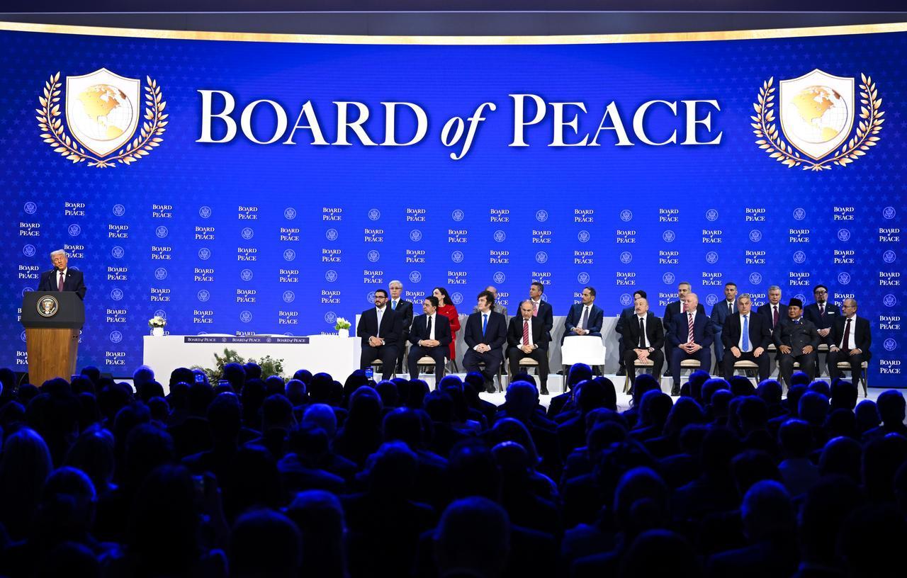 US President Donald Trump delivers a speech during the Board of Peace session held as part of the 56th World Economic Forum (WEF) in Davos, Switzerland on January 22, 2026. (AA Photo)