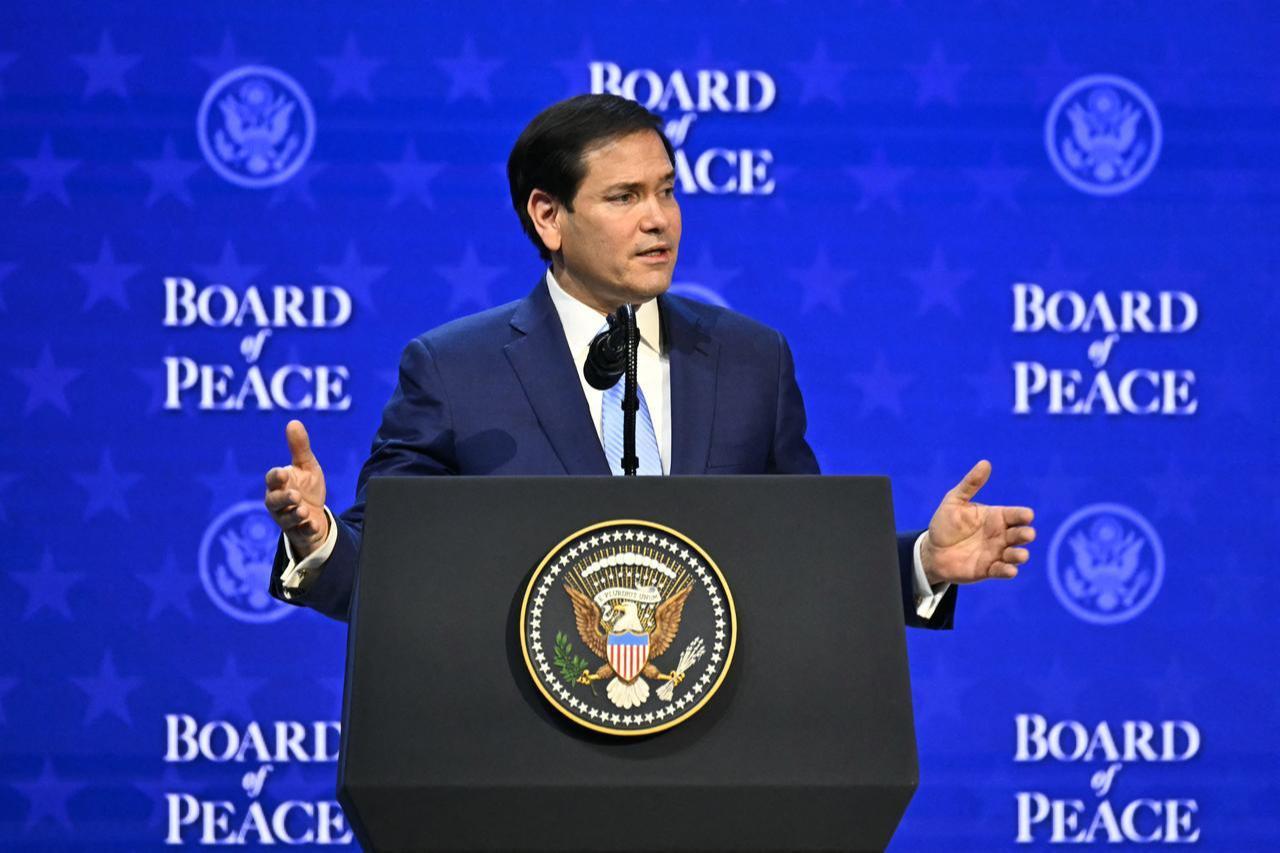 US Secretary of State Marco Rubio gestures as he speaks at the "Board of Peace" meeting during the World Economic Forum (WEF) annual meeting in Davos, Jan. 22, 2026. (AFP Photo)