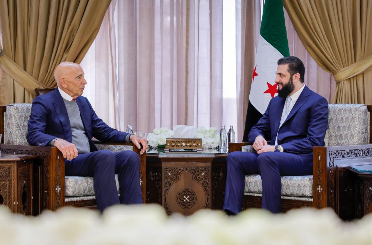 Syrian President Ahmed Sharaa meets with US Special Envoy for Syria Thomas Barrack at the People’s Palace in Damascus, Syria, Jan. 18, 2026. (Syrian Presidency)