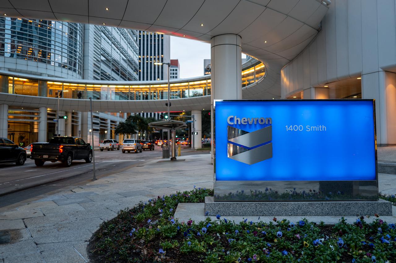 A Chevron sign is displayed at the Chevron headquarters in Houston, Texas, US on January 13, 2026. (AFP Photo)
