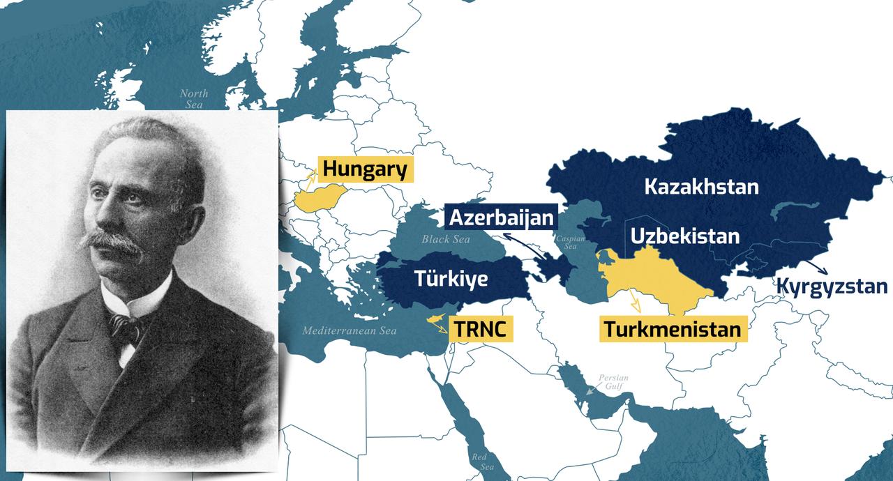 An illustration featuring Ismail Gasprinsky alongside a map highlighting members and observers of the Organization of Turkic States, reflecting his vision of unity through language, thought, and action across the Turkic world. (Created by Mehmet Akbas/Türkiye Today)