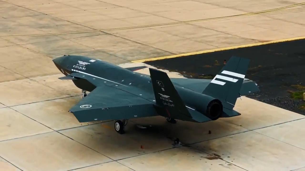 Baykar's Bayraktar Kizilelma unmanned fighter jet (S1) during a system identification flight test in Corlu at an unspecified date. (Photo via X/@BaykarTech)
