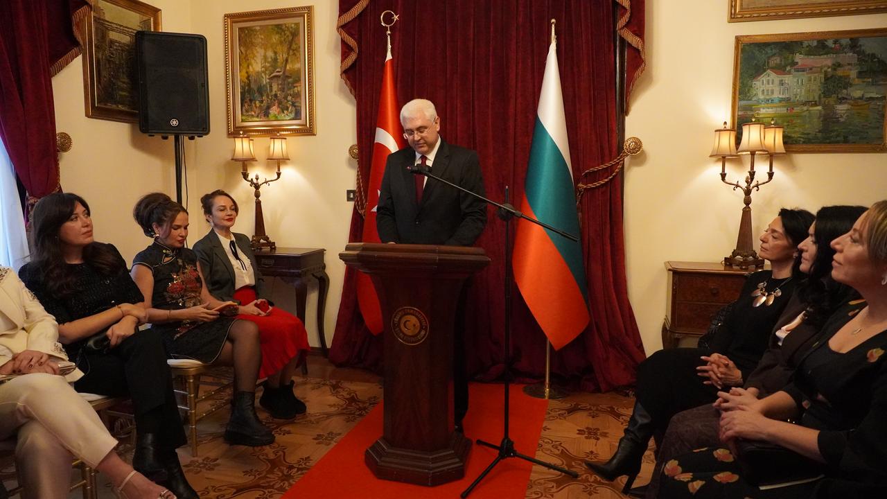 Türkiye’s Ambassador to Sofia Mehmet Sait Uyanik delivers opening remarks during the “Istanbul–Sofia” themed fashion show by designer Ozlem Suer at the embassy residence, Jan. 22, 2026. (AA Photo)