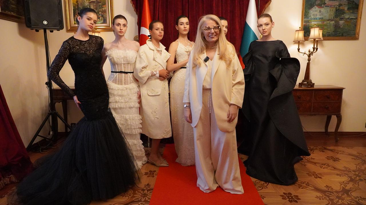 Turkish fashion designer Ozlem Suer poses with models after presenting her “Istanbul–Sofia” themed collection at Türkiye’s embassy residence in Sofia, Bulgaria, Jan. 22, 2026. (AA Photo)