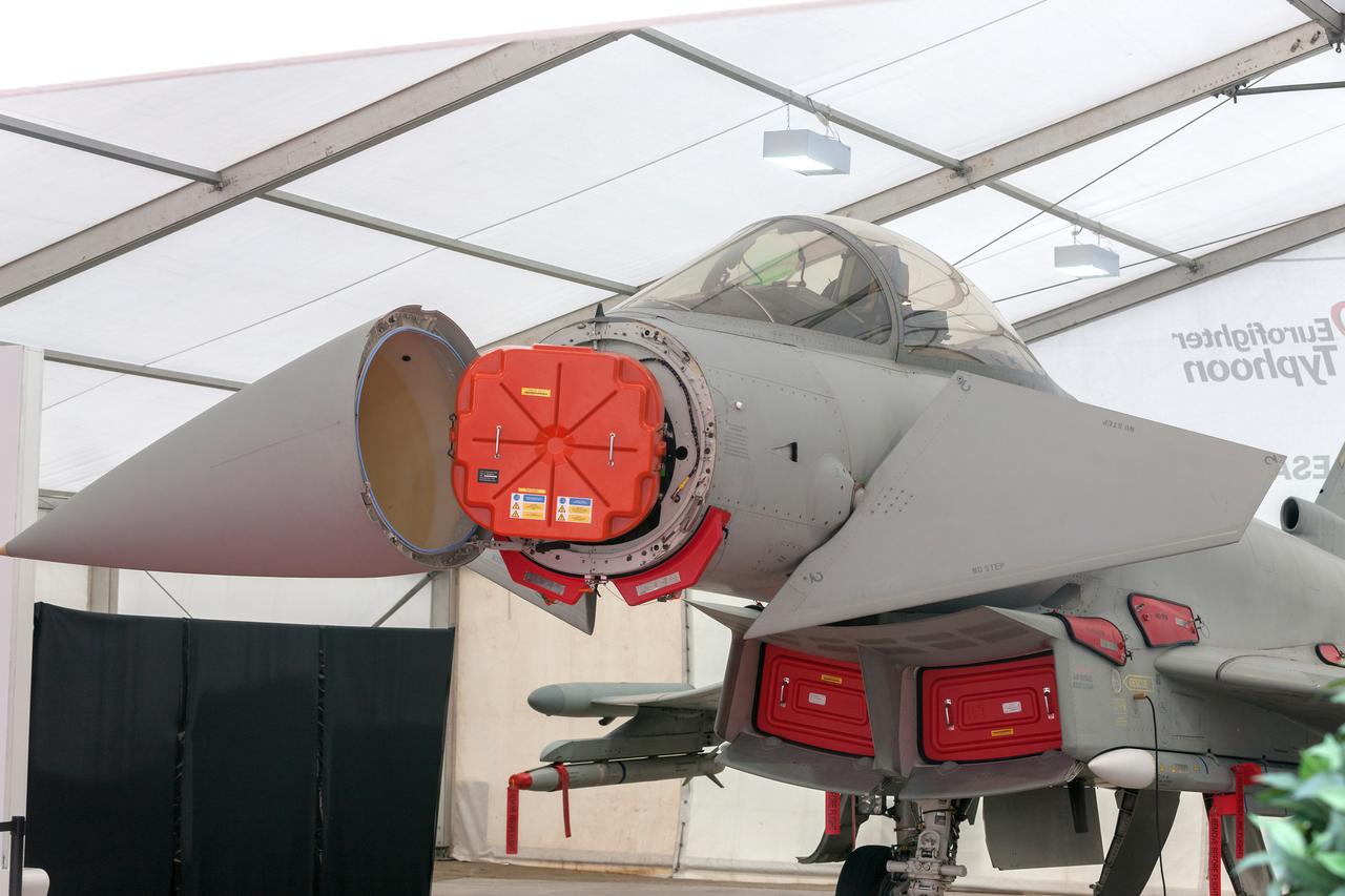 Captor-E E-Scan AESA radar on Eurofighter Typhoon fighter jet in Farnborough, UK, July 20, 2014. (Adobe Stock Photo)