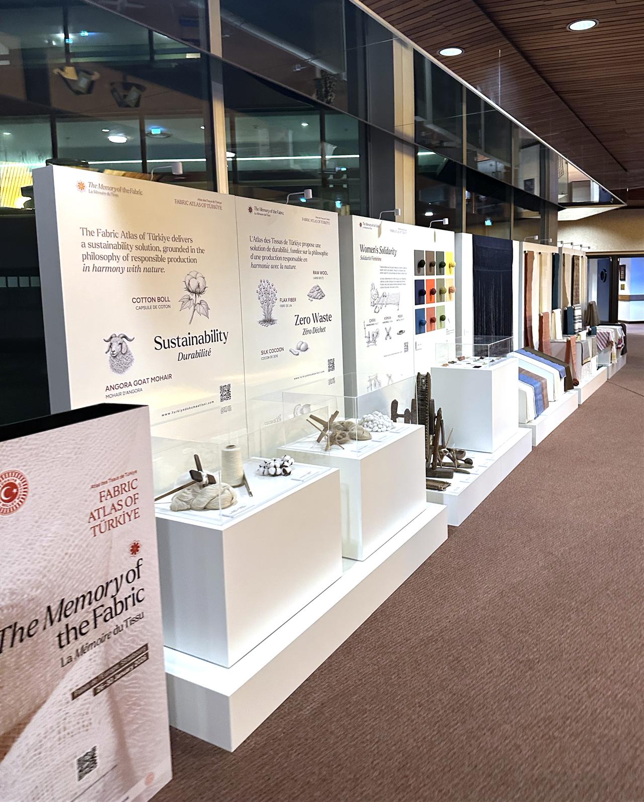 A showcase at the ‘Memory of Fabric’ exhibition highlights centuries-old weaving techniques and the cultural heritage of Türkiye. Strasbourg, France, January 24, 2025. (Ministry of National Education/ AA Photo)