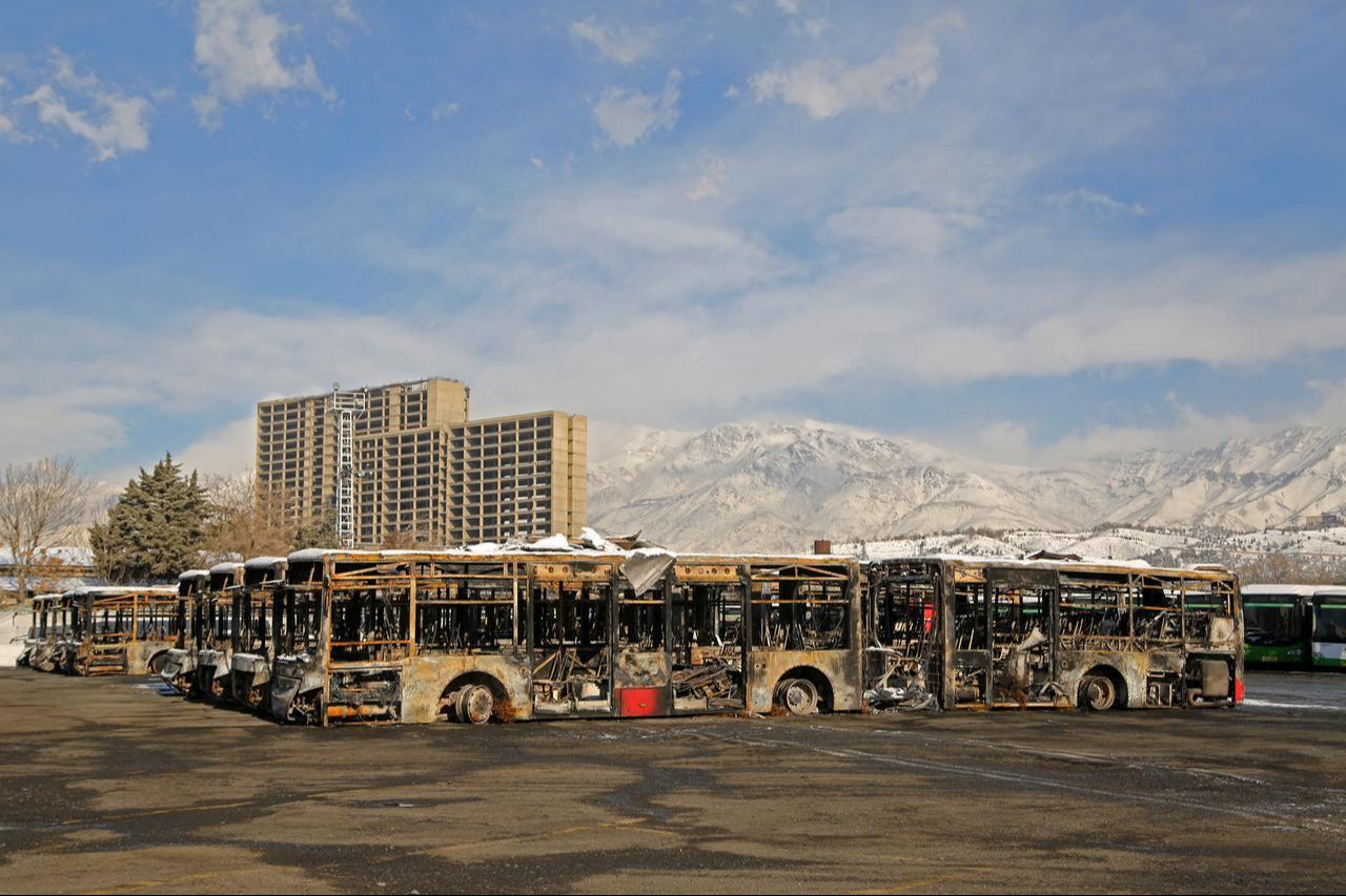 Damage to buses seen after the protests ended, with buildings, mosques, bank branches and tax office buildings in Tehran, Iran, January 21, 2026. (AA Photo)