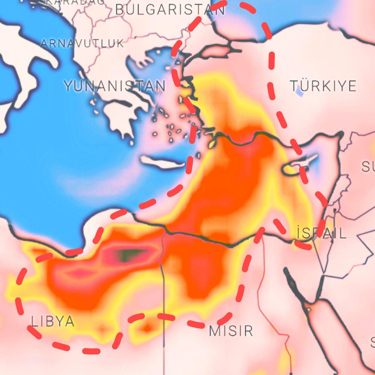 Map from Hava Forum shows Sahara dust moving toward Türkiye, raising risk of muddy rain and poor air quality. January 27, 2026. (Photo via Instagram / @HavaForum)