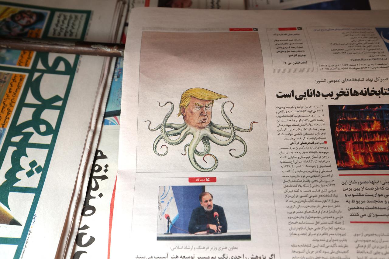A photograph shows a newspaper displayed at a kiosk in Tehran on January 27, 2026. (AFP Photo)