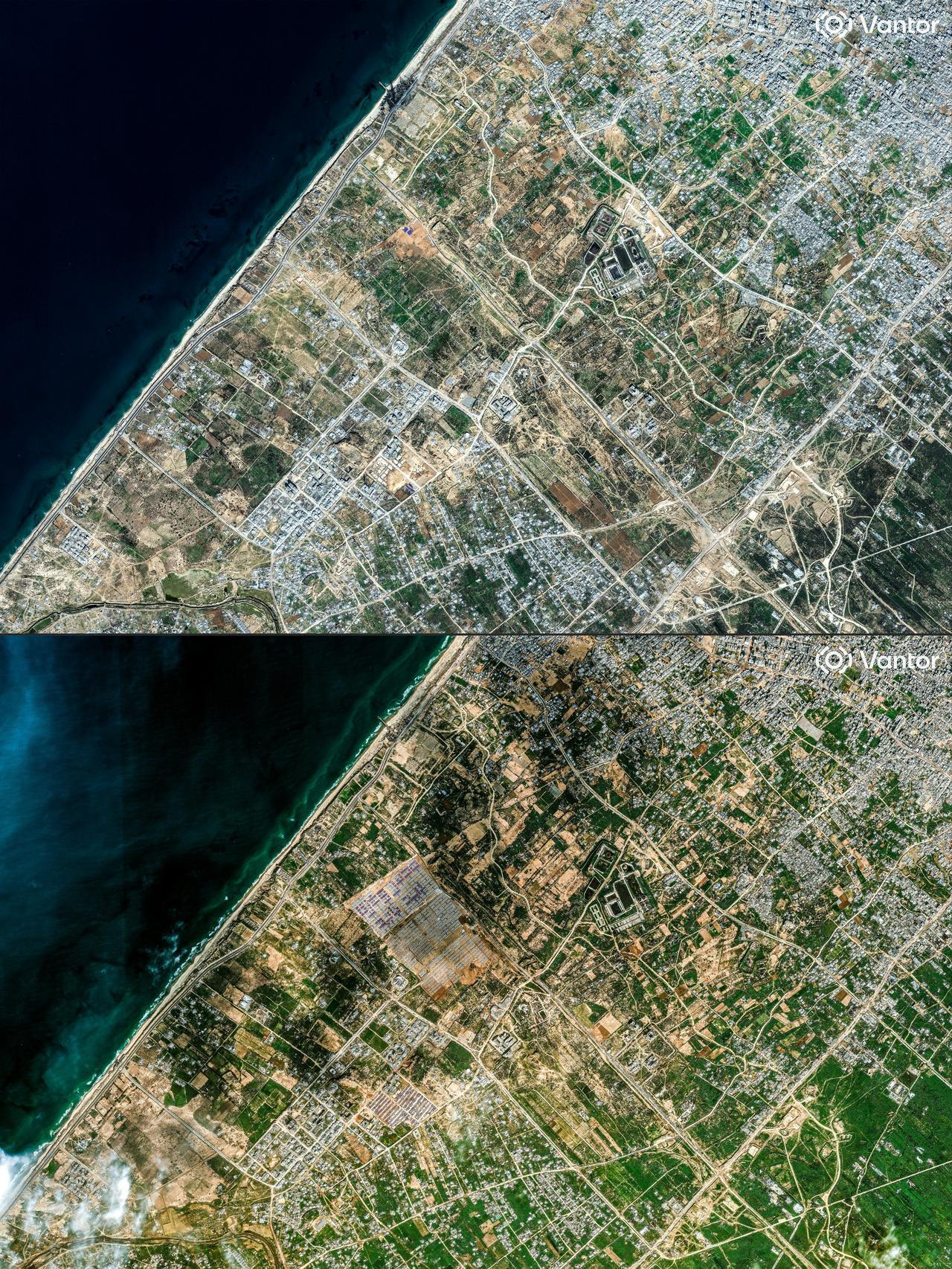 This combination of handout satellite images, courtesy of Vantor, shows the sites of two recently established al-Zahraa camps, housing persons displaced by conflict. (Photo by Satellite image ©2026 Vantor/AFP)