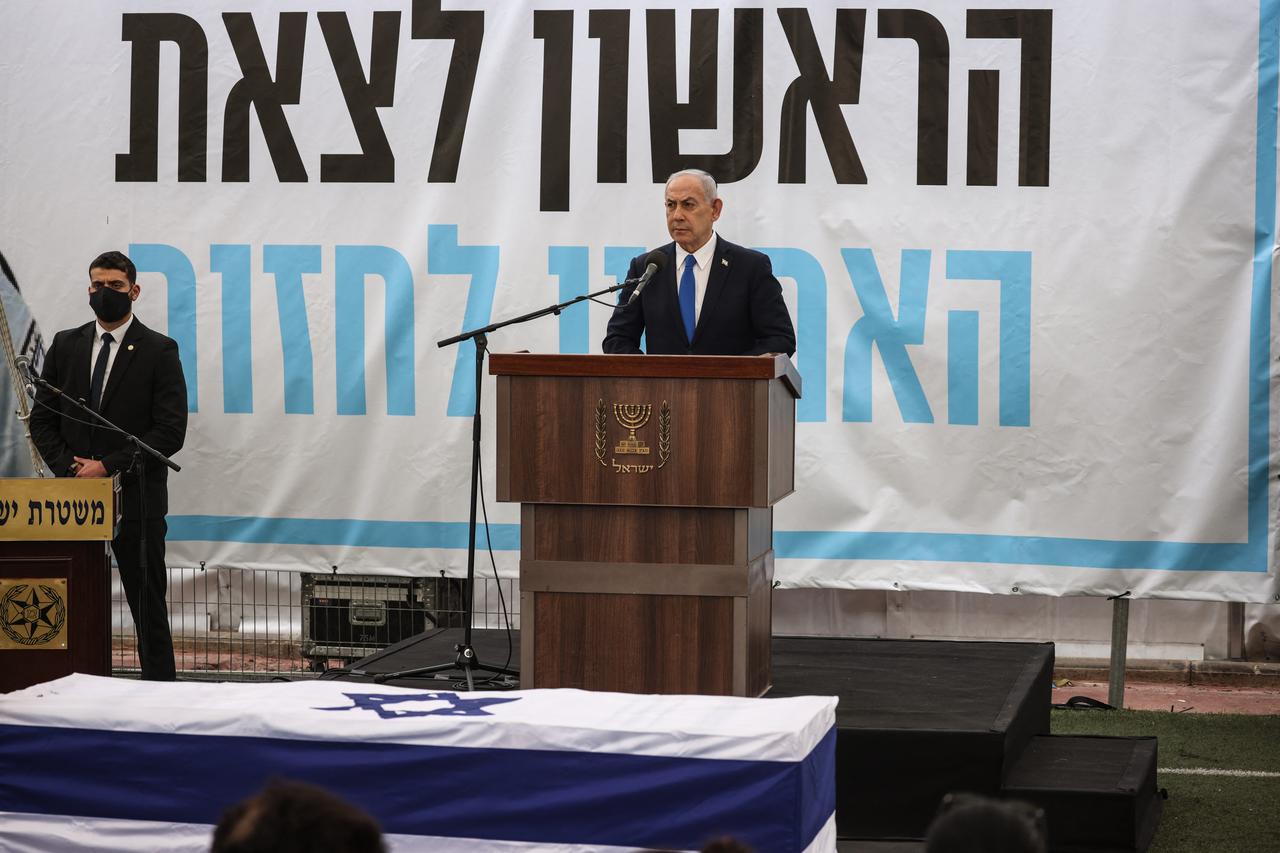 Israel's Prime Minister Benjamin Netanyahu delivers a speech during the funeral of Israeli hostage Ran Gvili in the southern town of Meitar on January 28, 2026. (AFP Photo)
