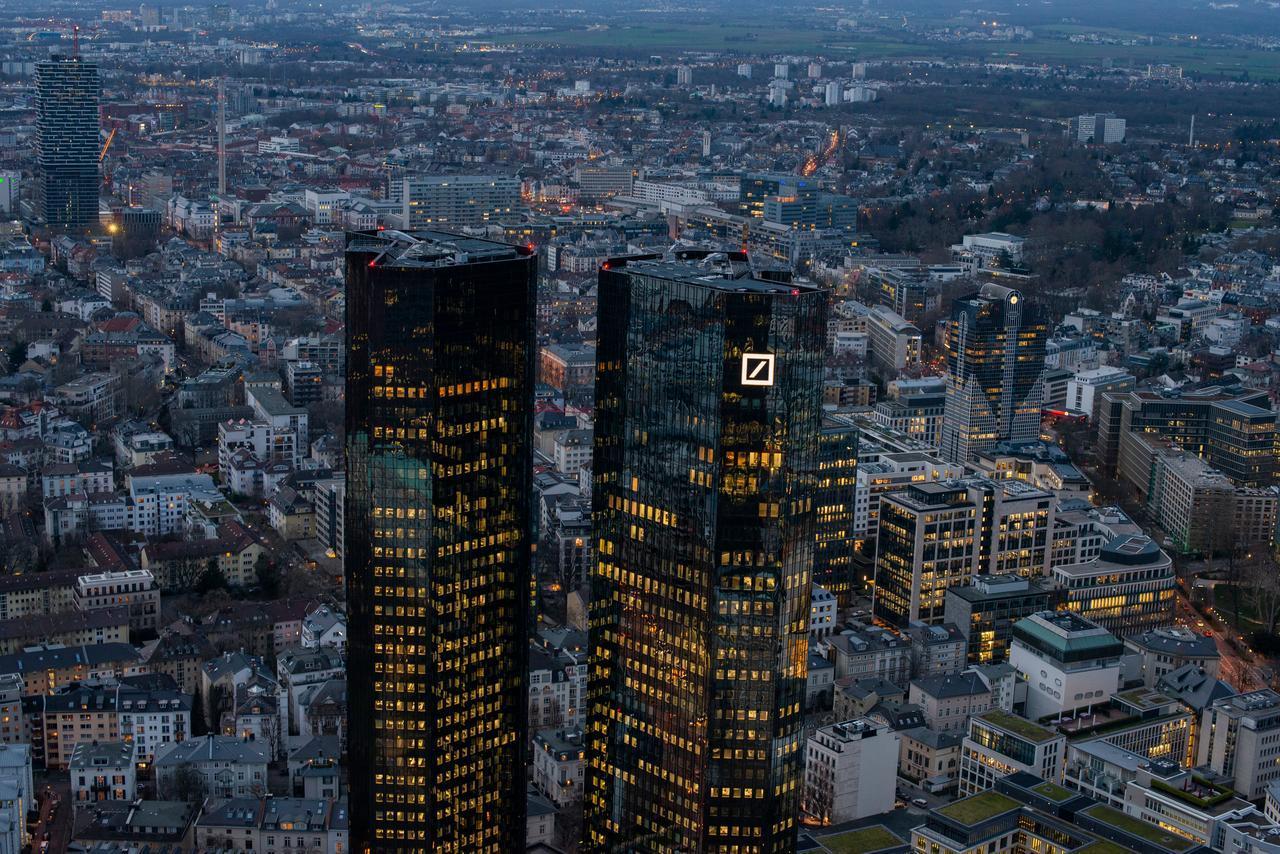 Aerial view of Deutsche Bank twin towers in Frankfurt, Germany, February 28, 2020. (Adobe Stock Photo)