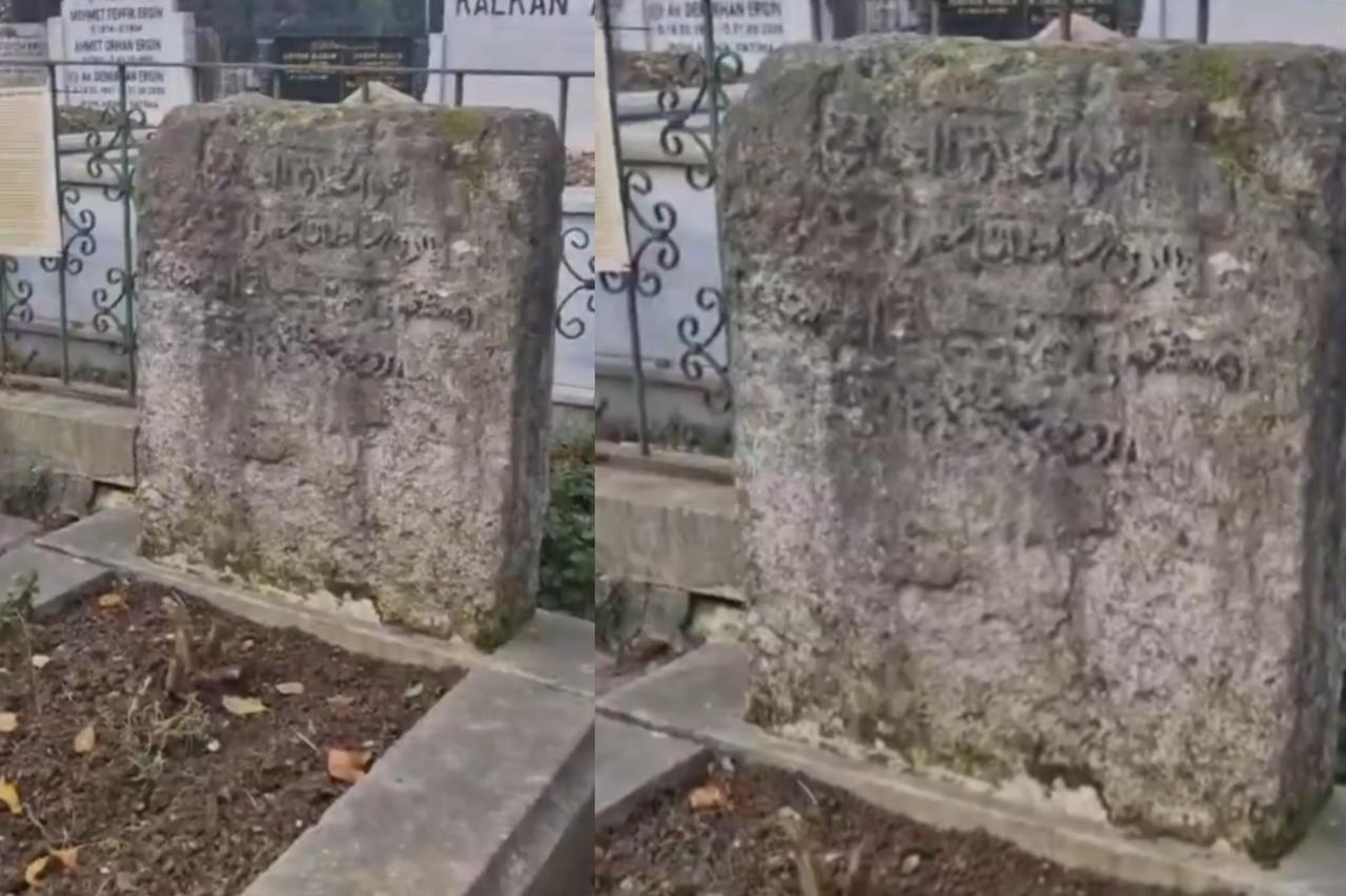 Close-up views of the gravestone of the Ottoman poet Baki at Edirnekapi Cemetery in Istanbul, showing erosion, moss growth, and inscriptions that have become difficult to read over time. (Photo collage by Türkiye daily team)