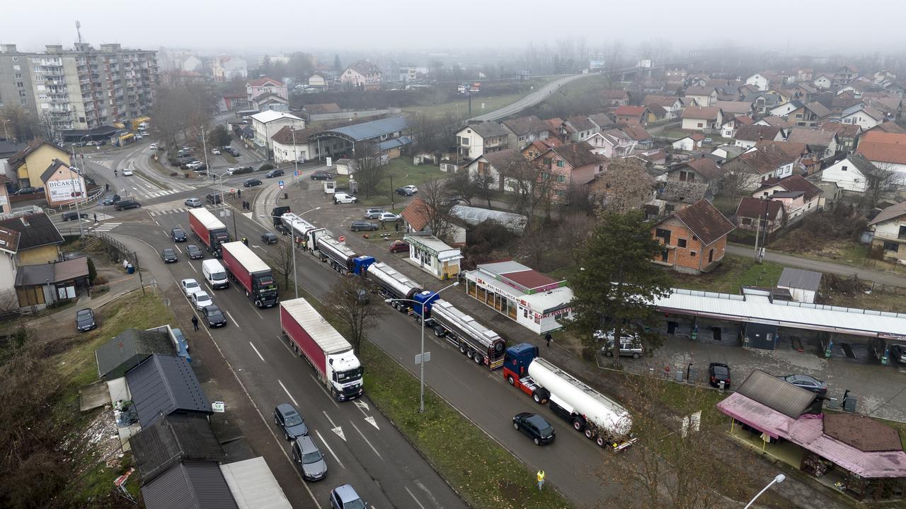 Truck and lorry drivers gather to stage a protest against new transit rules imposed by the European Union (EU) for the Schengen Area in Sarajevo, Bosnia and Herzegovina on Jan. 28, 2026. (AA Photo)