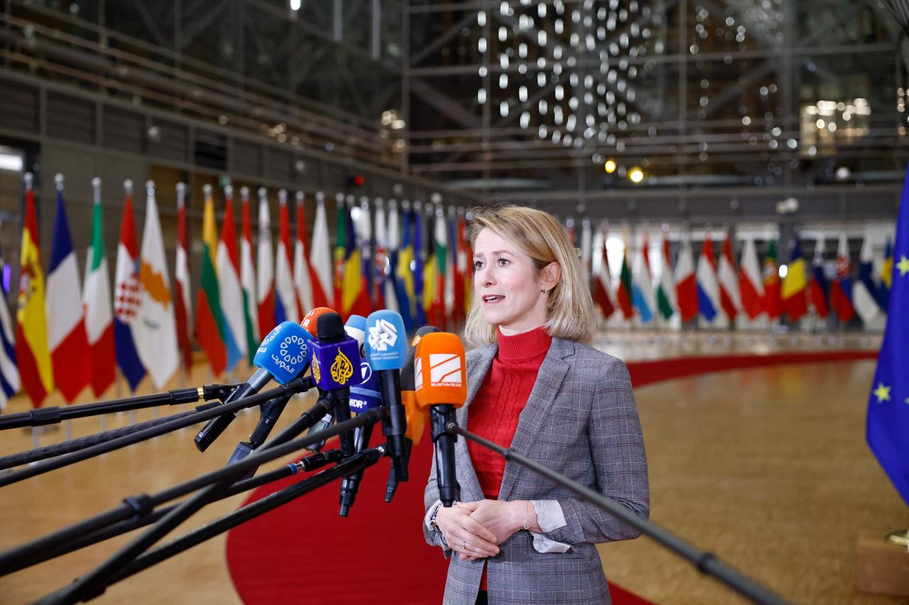 EU High Representative and Vice-President for Foreign Affairs and Security Policy Kaja Kallas talks to journalists upon arrival for a EU Foreign Affairs Council meeting at the EU headquarters in Brussels, Belgium on Jan. 29, 2026. (AFP Photo)