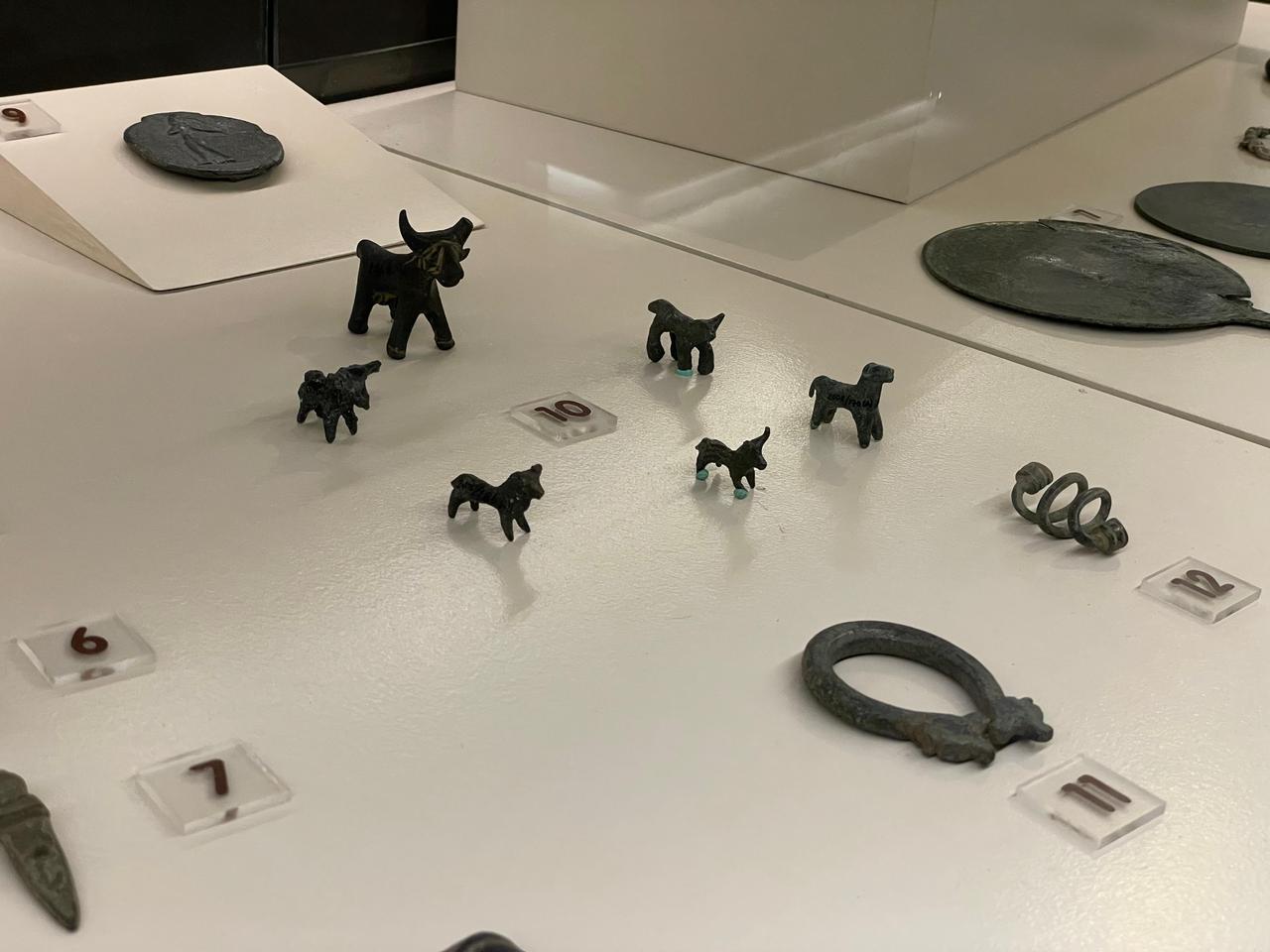 Small bronze animal figurines and personal objects displayed in Marmaris Museum, illustrating everyday items and symbolic forms from ancient periods found in the Marmaris, Mugla, Türkiye, Jan. 27, 2026. (Photo by Koray Erdogan/Türkiye Today)