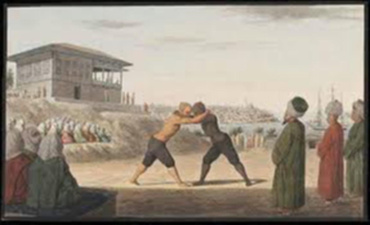 Ottoman oil wrestlers at Topkapı Palace, Istanbul, circa the 1800s, illustrating the sport’s presence in elite imperial settings and its role in Ottoman cultural life. ( source: tarihteninciler.com)