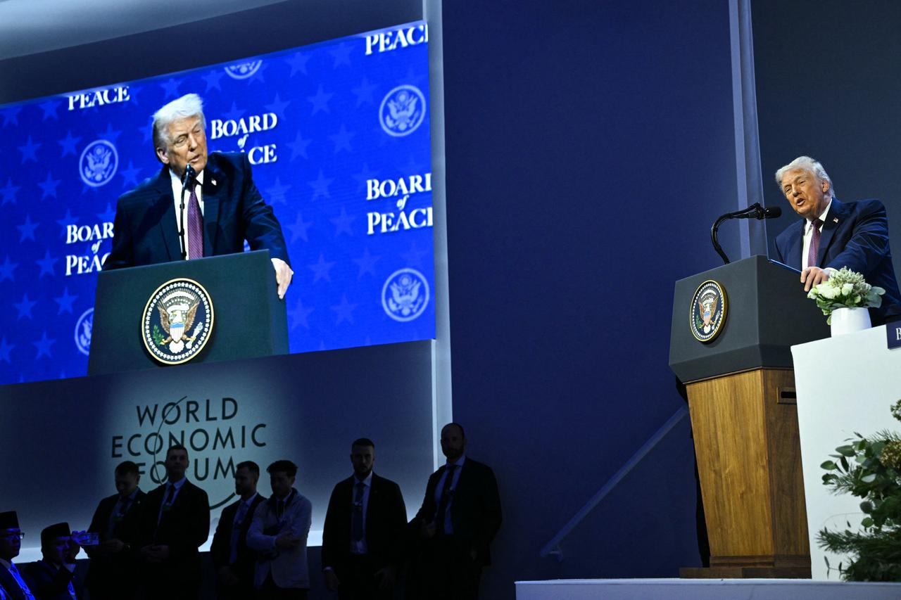 US President Donald Trump speaks at the "Board of Peace" meeting during the World Economic Forum (WEF) annual meeting in Davos on January 22, 2026. (AFP Photo)
